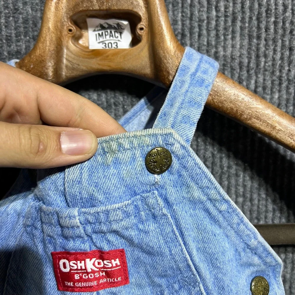 Vintage OshKosh B Gosh Overalls Kids 12-18M Blue Fire Truck Denim Bib USA Made
